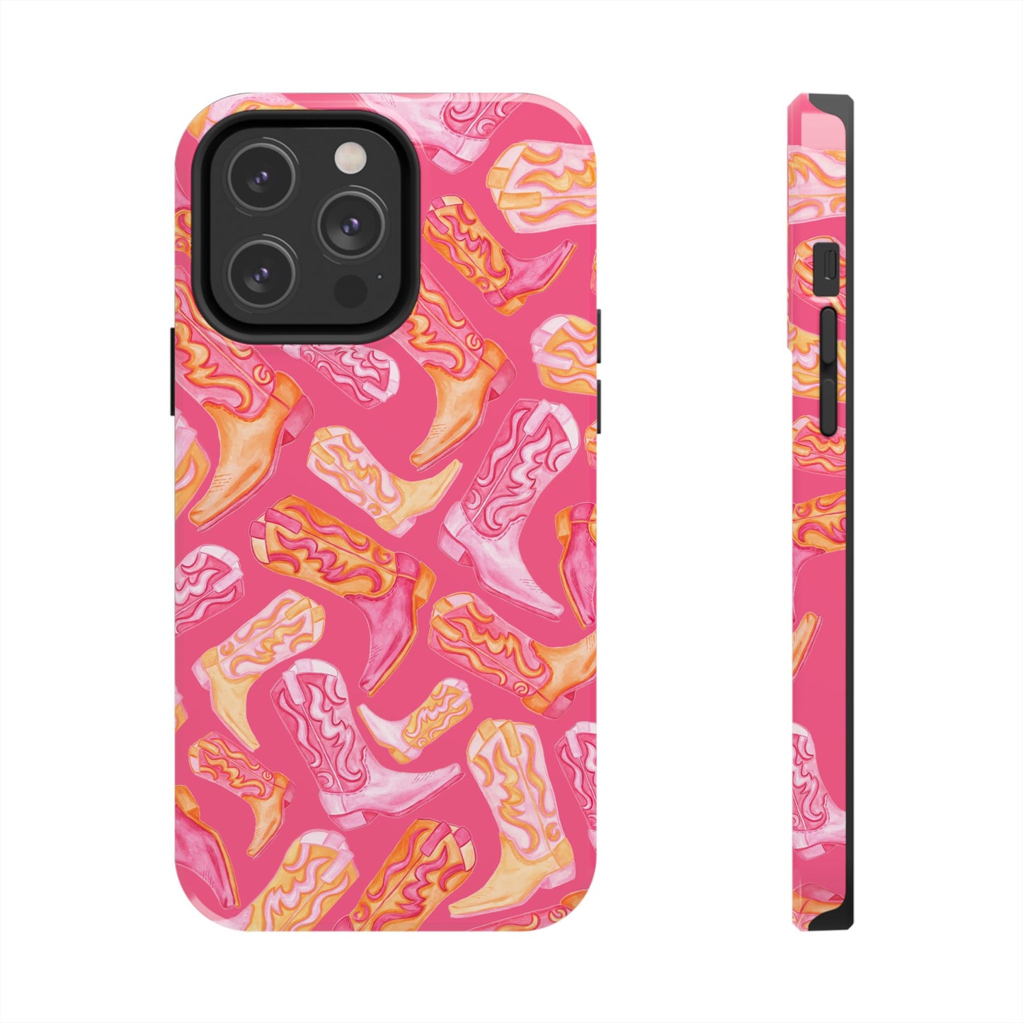 Tossed Hot Pink & Orange Watercolor Cowboy Boots Hot Pink Tough Phone Cases | Various Models iPhone 14 Pro Max