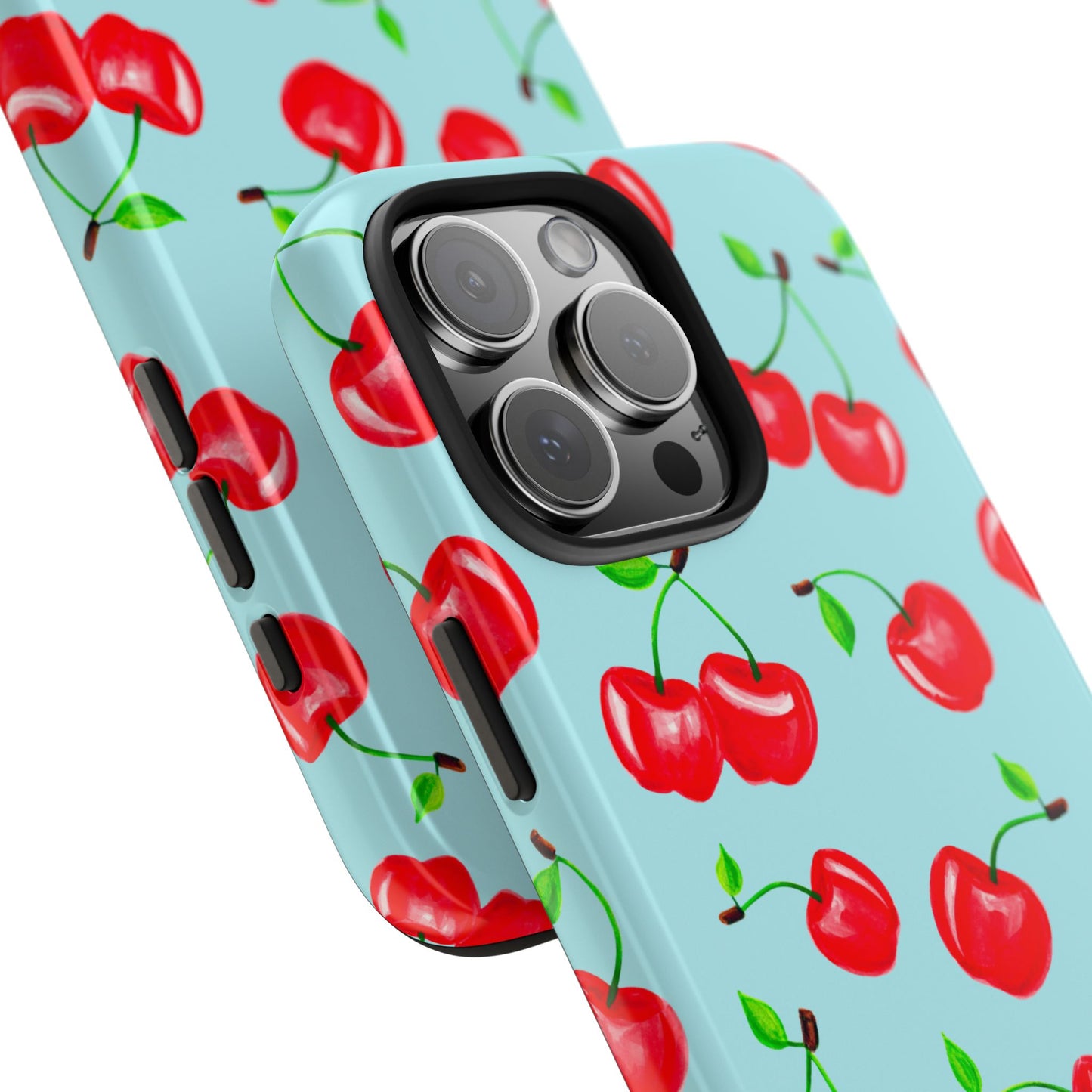 Tossed Red Watercolor Cherries Illustrated Pattern Bright Blue Tough Phone Case | Various Models