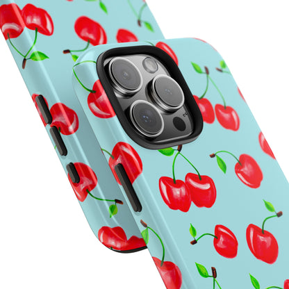 Tossed Red Watercolor Cherries Illustrated Pattern Bright Blue Tough Phone Case | Various Models