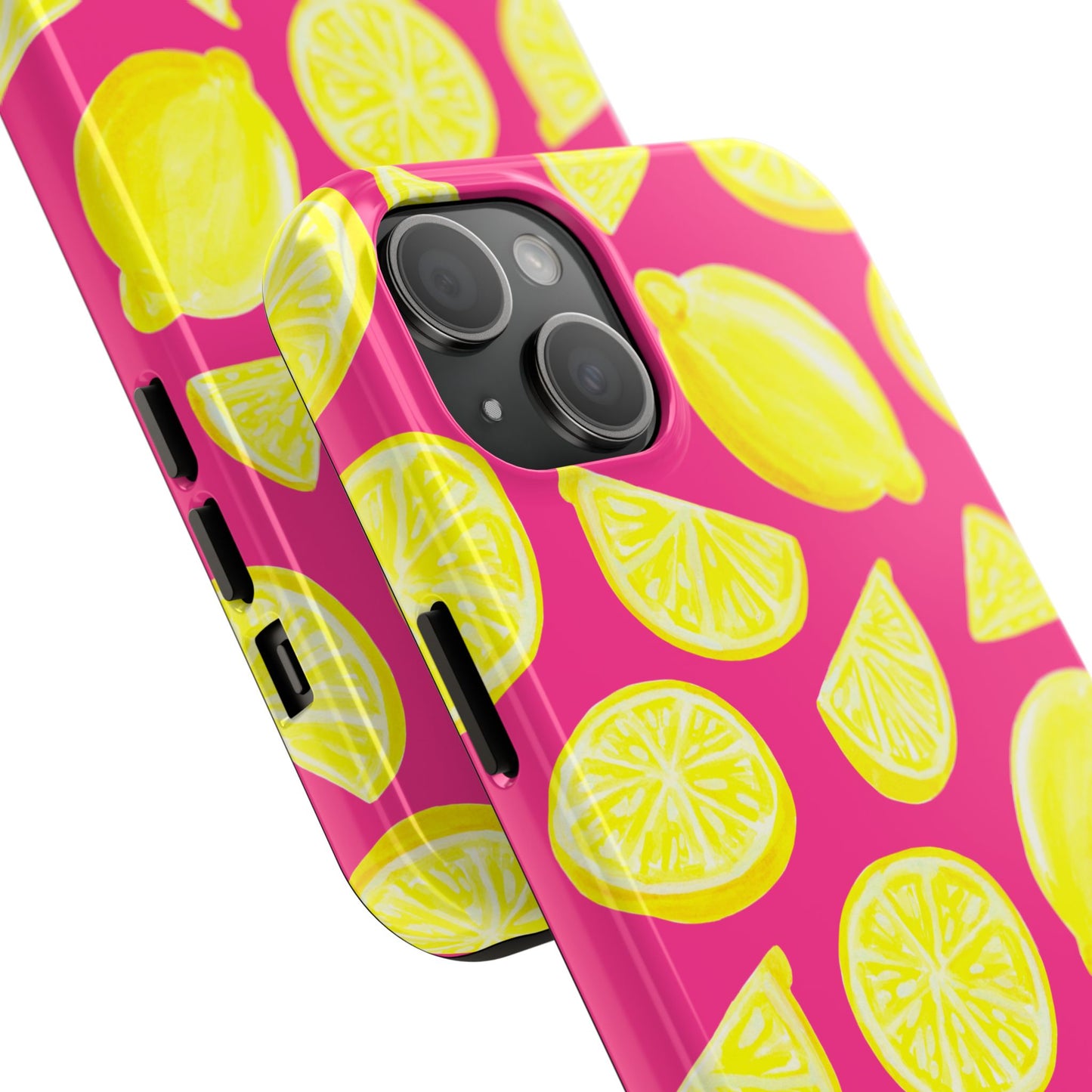 Bright Yellow Lemons Watercolor Illustrated Tossed Pattern Watermelon Pink Tough Phone Case | Various Models
