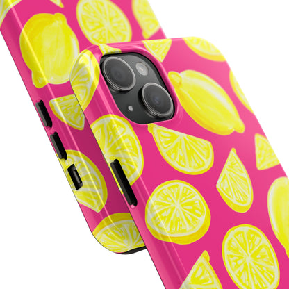 Bright Yellow Lemons Watercolor Illustrated Tossed Pattern Watermelon Pink Tough Phone Case | Various Models