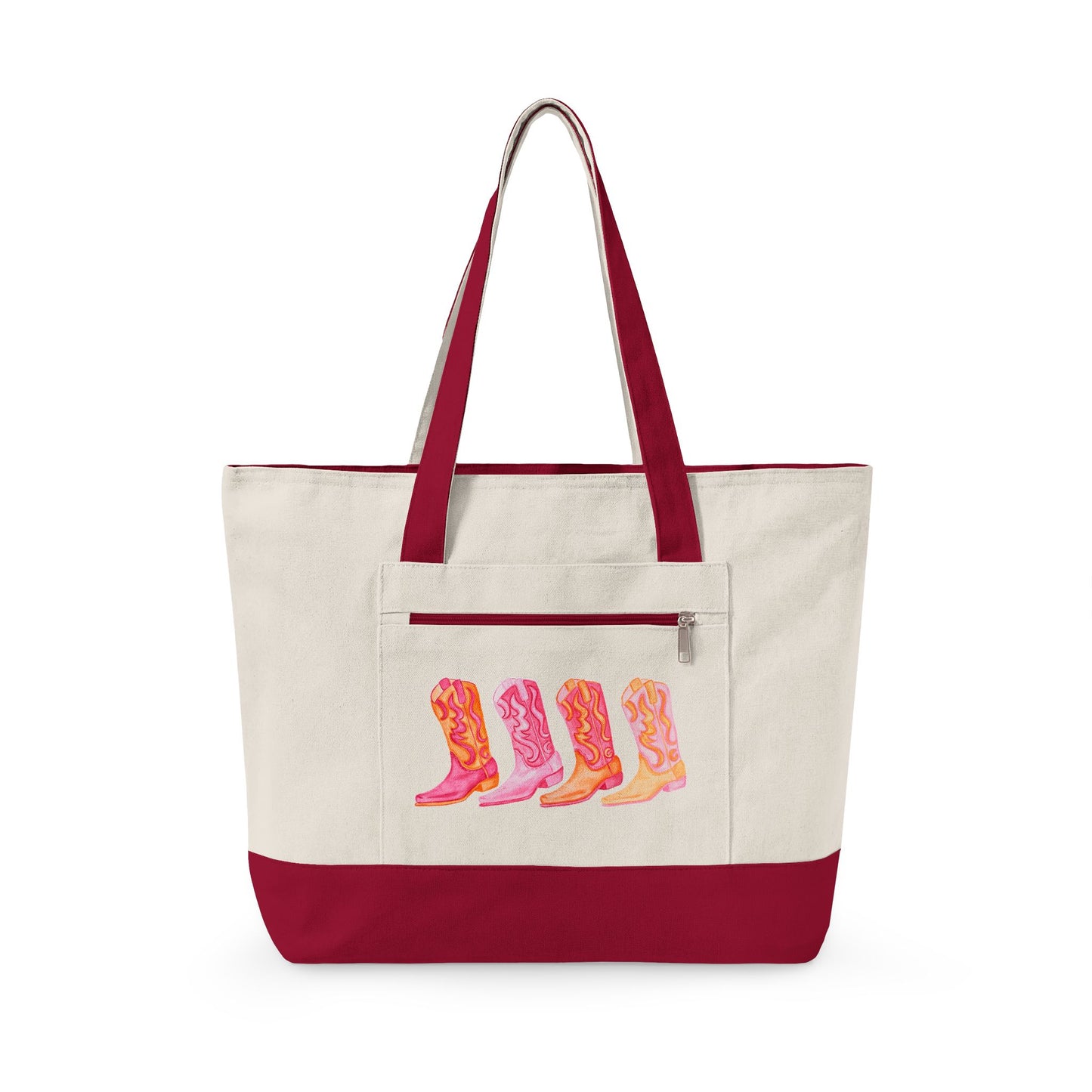Row of Hot Pink & Orange Cowboy Boots Watercolor Printed Zippered Canvas Tote 18" x 14" | Various Colors