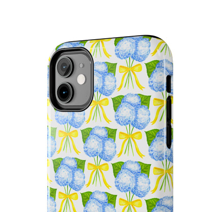 Blue Hydrangea Bouquets with Yellow Bow Ribbon Watercolor Illustrated Patterned Tough Phone Case | Various Models