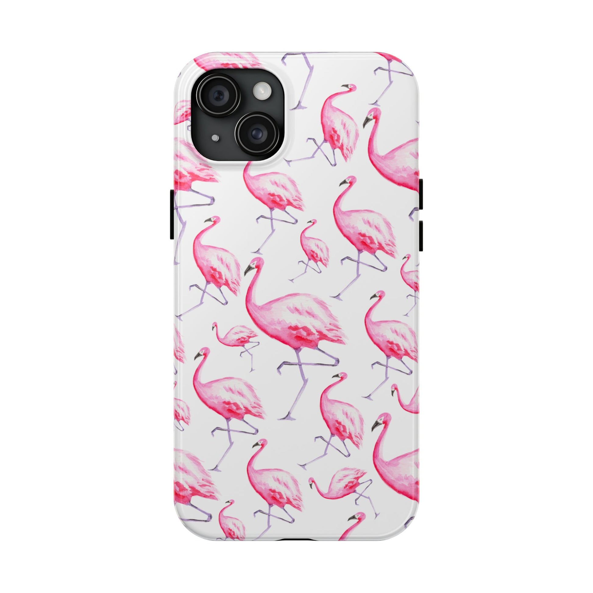 Hot Pink Flamingos Watercolor Illustrated Tossed Pattern Phone Case | Various Models iPhone 15 Plus