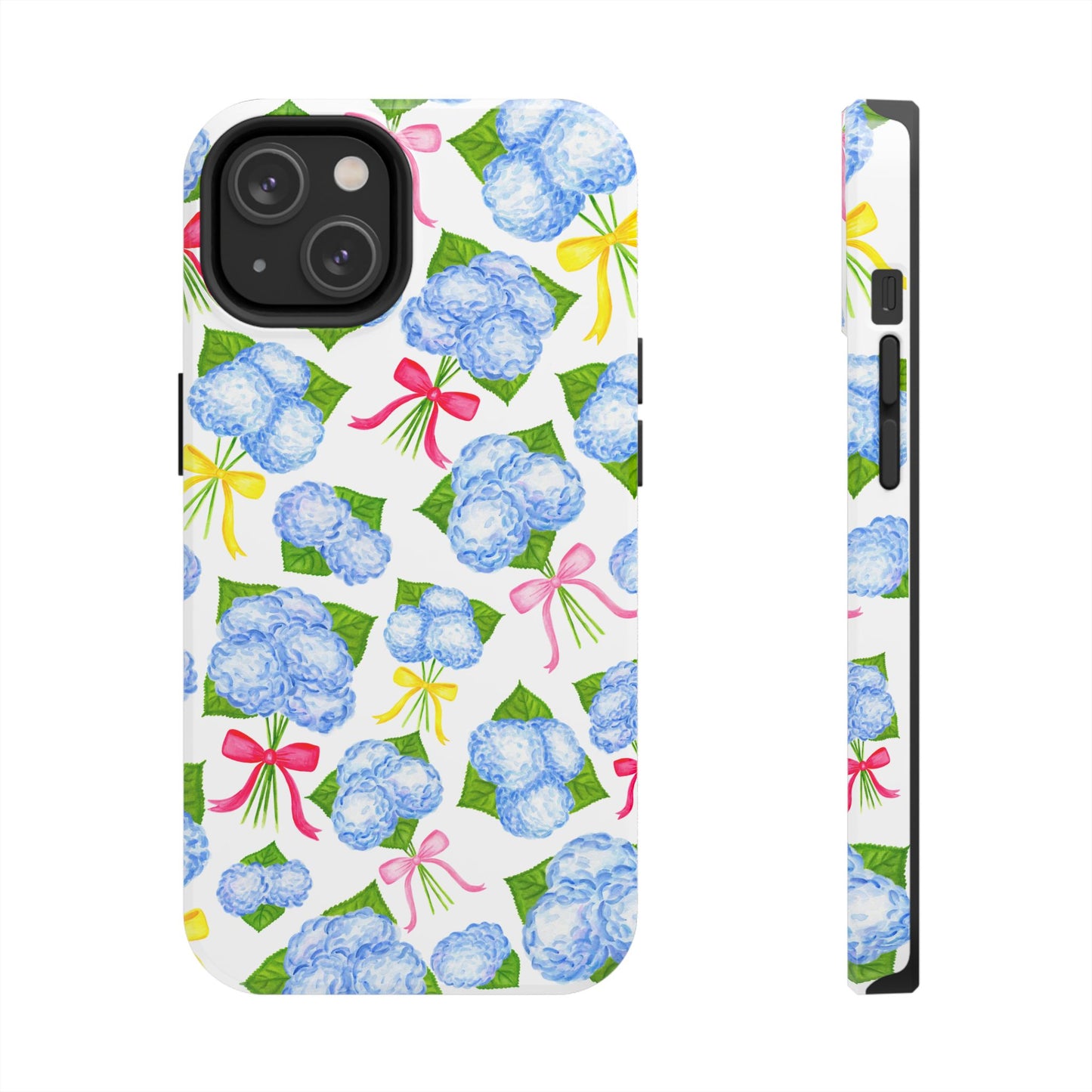 Blue Watercolor Hydrangea Bunches with Hot Pink, Yellow, Light Pink Bows Illustrated Patterned Tough Phone Case | Various Models