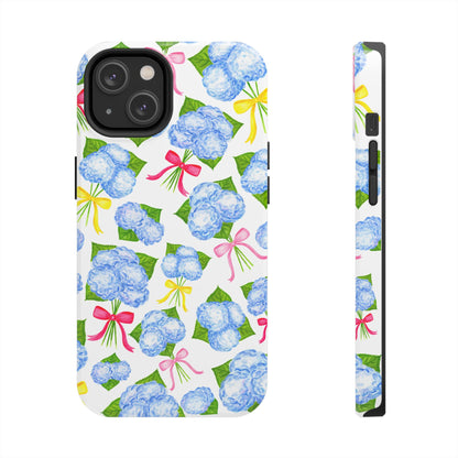Blue Watercolor Hydrangea Bunches with Hot Pink, Yellow, Light Pink Bows Illustrated Patterned Tough Phone Case | Various Models