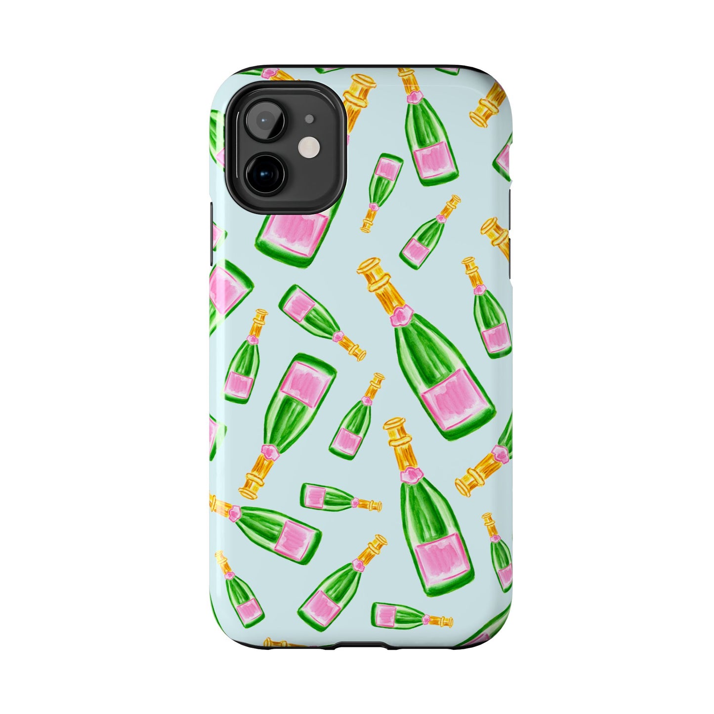 Tossed Pink and Green Watercolor Illustrated Champagne Bottles Pattern Light Blue Tough Phone Case | Various Models