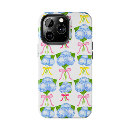 Blue Hydrangeas with Hot Pink, Yellow, Light Pink Bows Watercolor Illustrated Patterned Tough Phone Case | Various Models