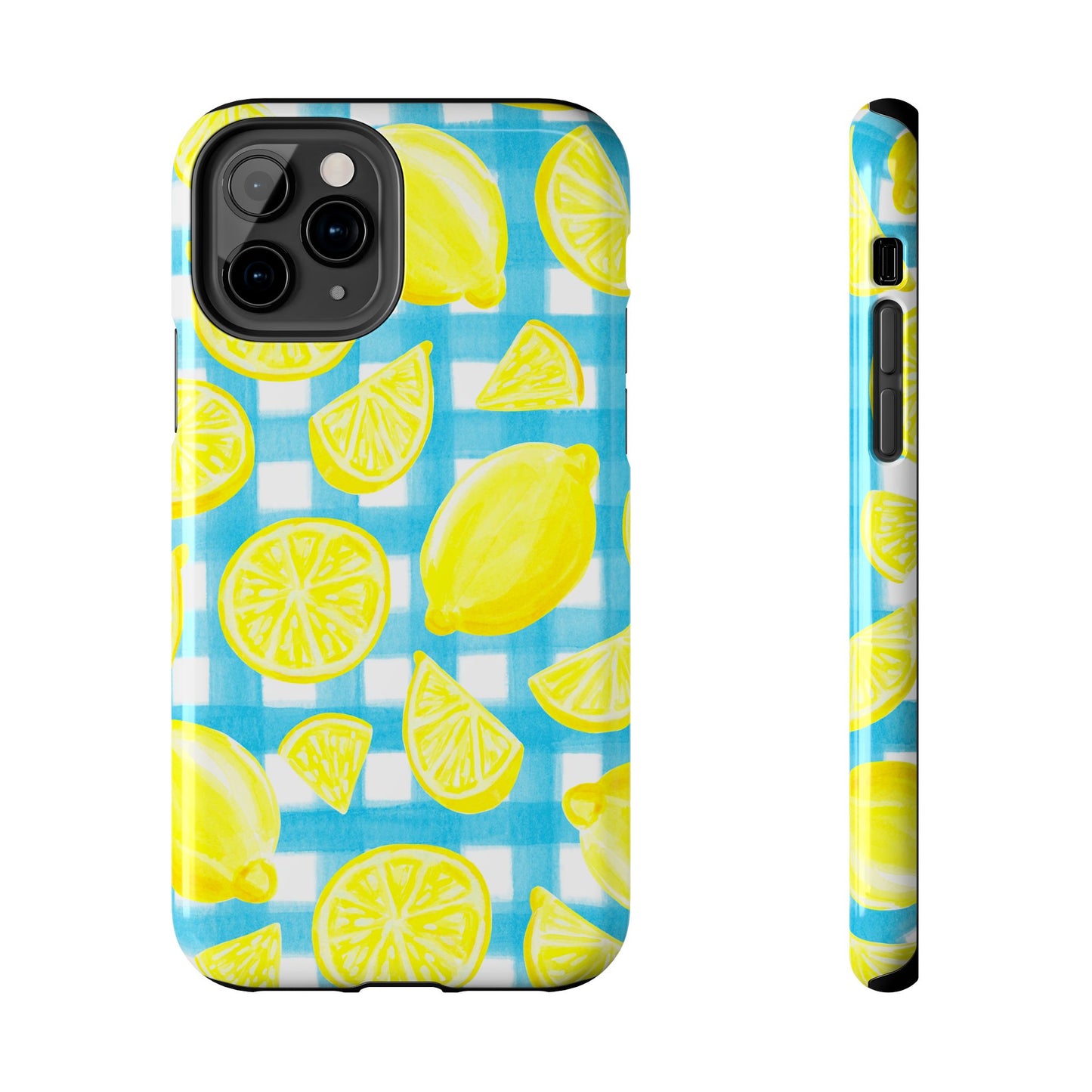 Yellow Lemons & Turquoise Gingham Watercolor Illustrated Tough Phone Case | Various Models Available