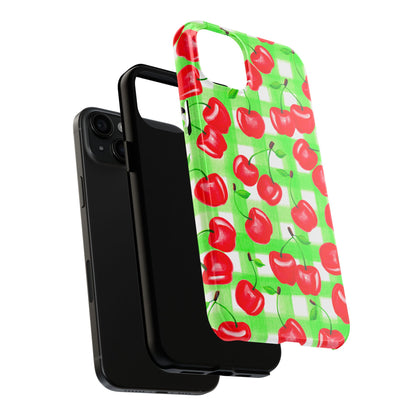 Red Tossed Cherries Green Gingham Watercolor Illustrated Tough Phone Case | Various Models Available