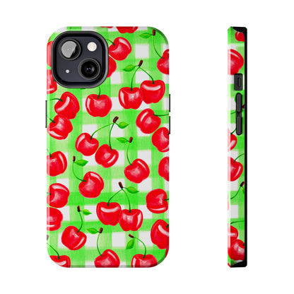 Red Tossed Cherries Green Gingham Watercolor Illustrated Tough Phone Case | Various Models Available