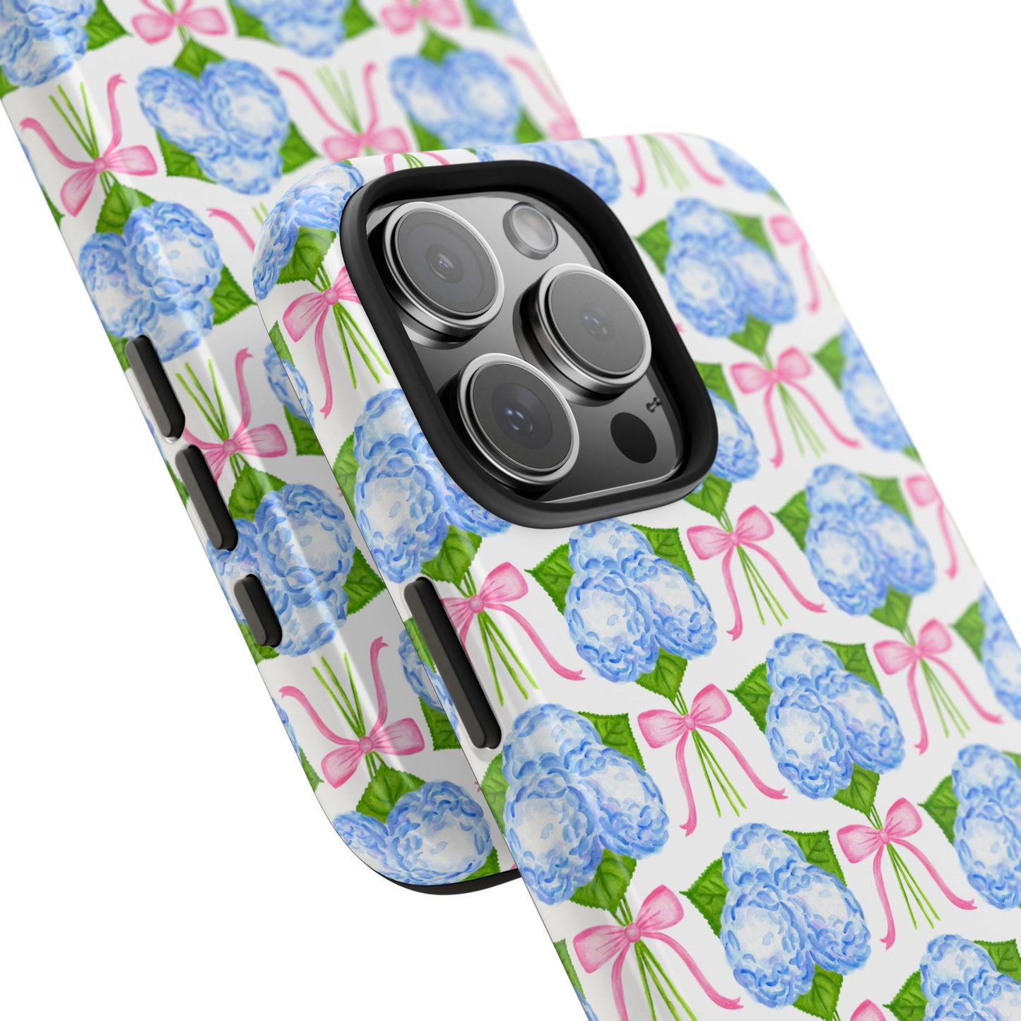 Blue Watercolor Hydrangea Bouqets with Light Pink Bows Watercolor Illustrated Patterned Tough Phone Case | Various Models