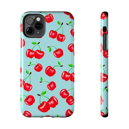 Tossed Red Watercolor Cherries Illustrated Pattern Bright Blue Tough Phone Case | Various Models