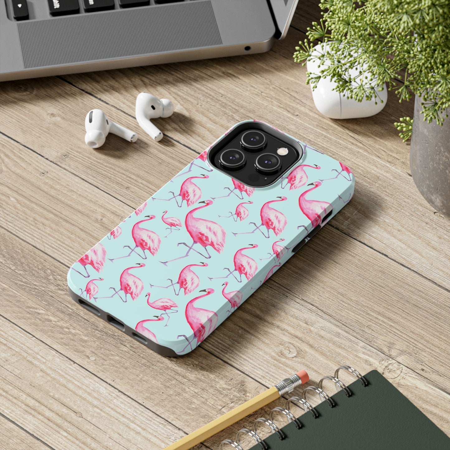 Pink Flamingos Watercolor Illustrated Tossed Pattern Blue Phone Case | Various Models