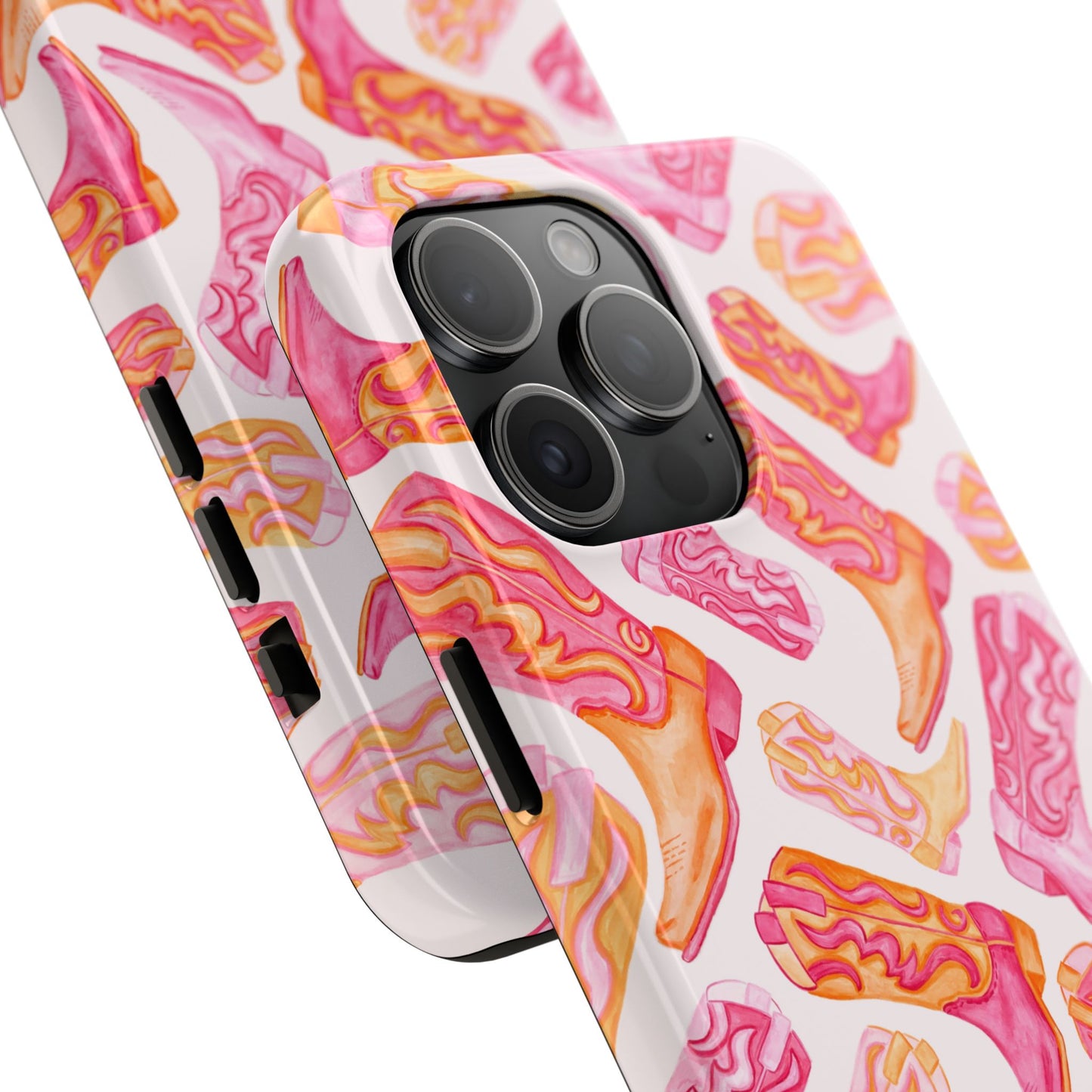 Tossed Hot Pink & Orange Watercolor Cowboy Boots Tough Light Pink Phone Case | Various Models Available