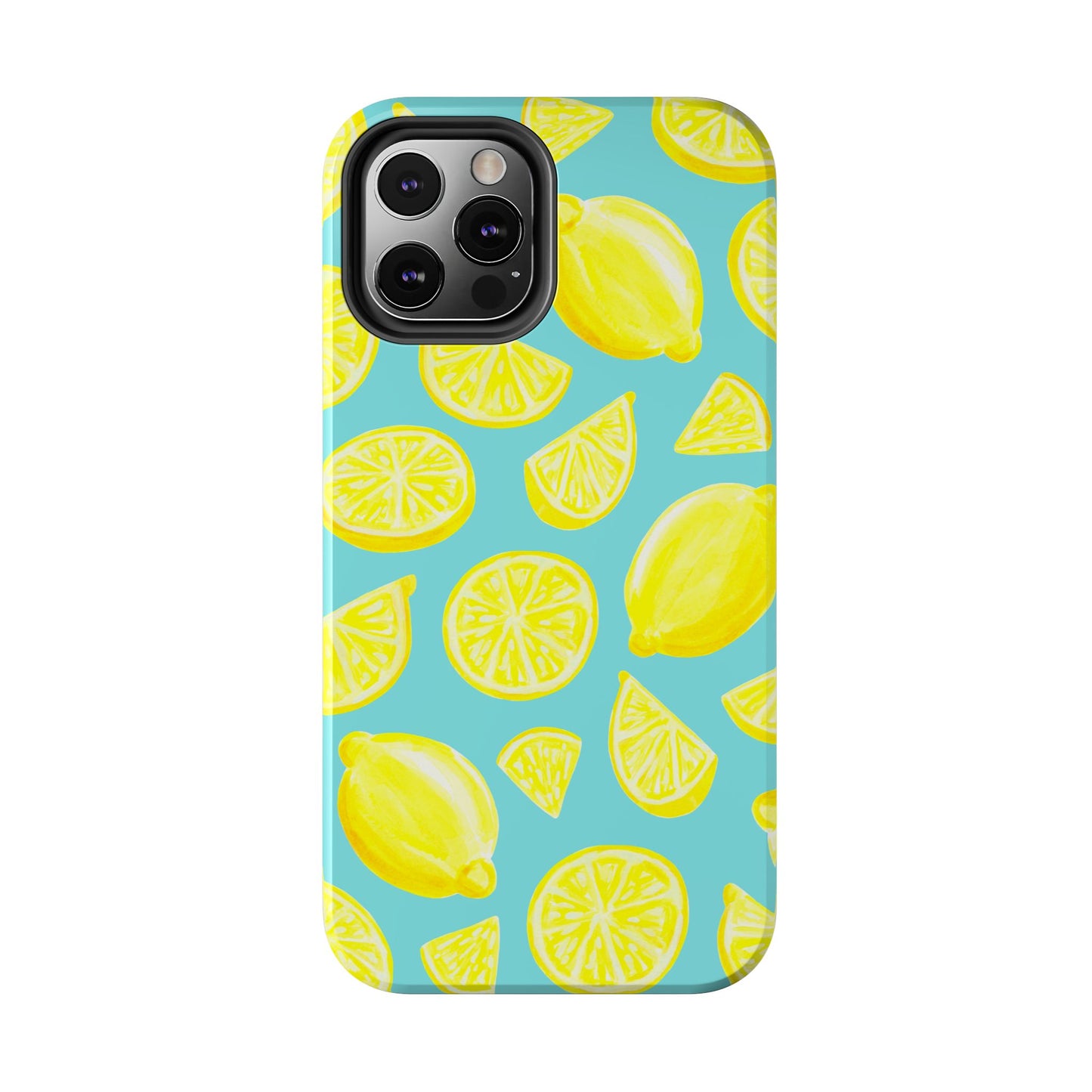 Bright Yellow Lemons Watercolor Illustrated Tossed Pattern Turquoise Blue Tough Phone Case | Various Models