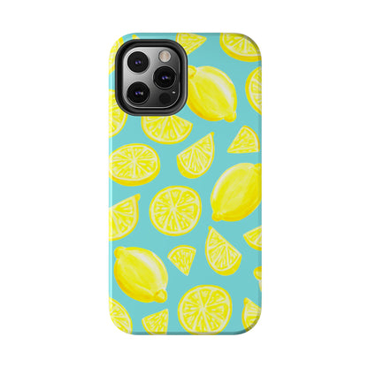 Bright Yellow Lemons Watercolor Illustrated Tossed Pattern Turquoise Blue Tough Phone Case | Various Models