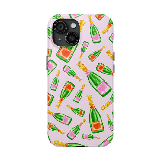Tossed Pink and Green & Orange and Green Watercolor Illustrated Champagne Bottles Pattern Blush Pink Tough Phone Case | Various Models iPhone 15