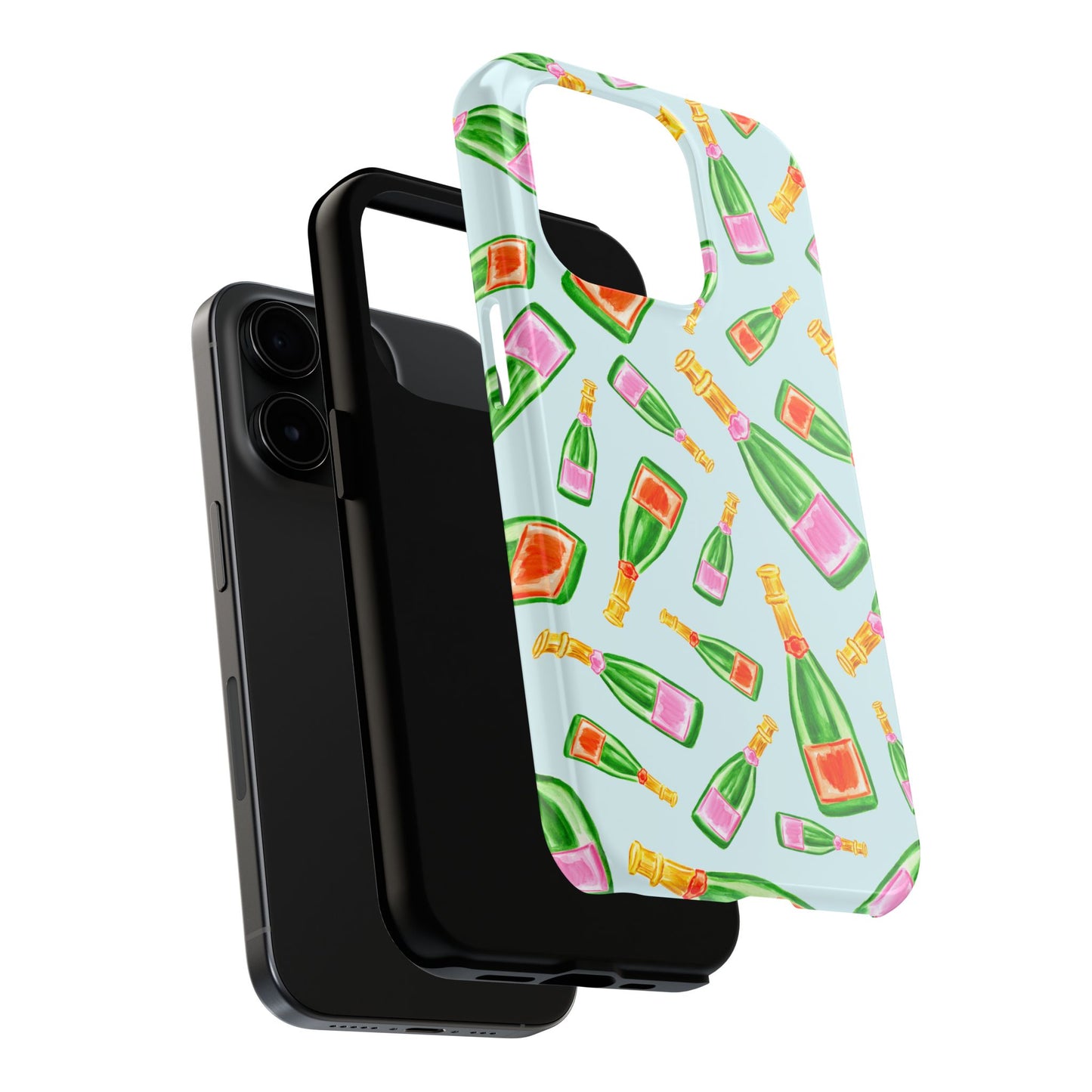 Tossed Pink and Green & Orange and Green Watercolor Illustrated Champagne Bottles Pattern Light Blue Tough Phone Case | Various Models