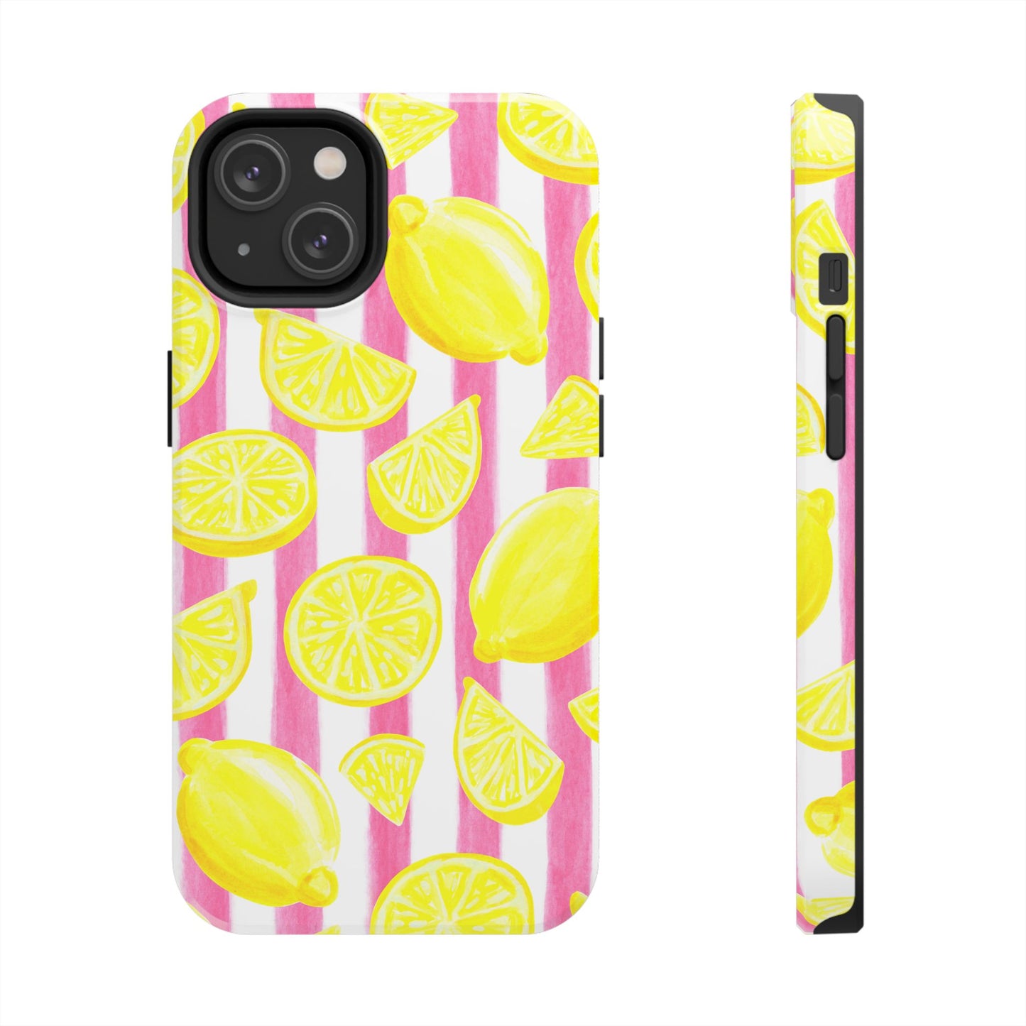 Pink Lemonade Yellow Lemons with Pink & White Watercolor Stripes Tough Phone Case