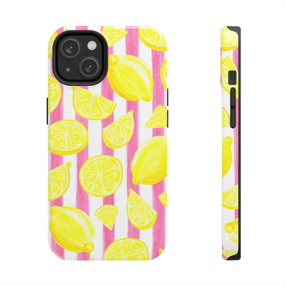 Pink Lemonade Yellow Lemons with Pink & White Watercolor Stripes Tough Phone Case