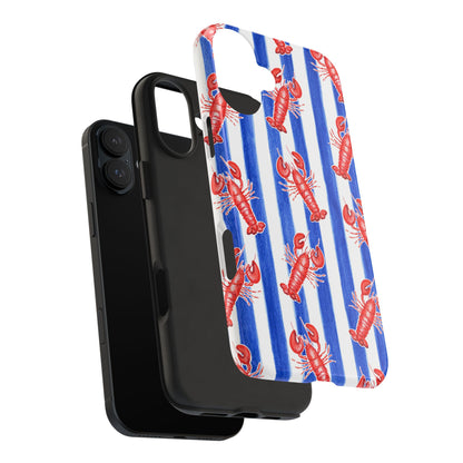 Blue & White Strip Red Lobster Watercolor Patterned Phone Case | Various Models