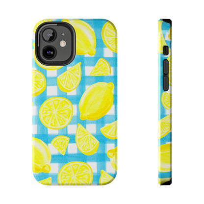 Yellow Lemons & Turquoise Gingham Watercolor Illustrated Tough Phone Case | Various Models Available