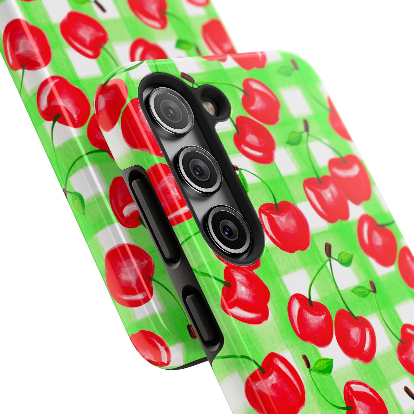 Red Tossed Cherries Green Gingham Watercolor Illustrated Tough Phone Case | Various Models Available