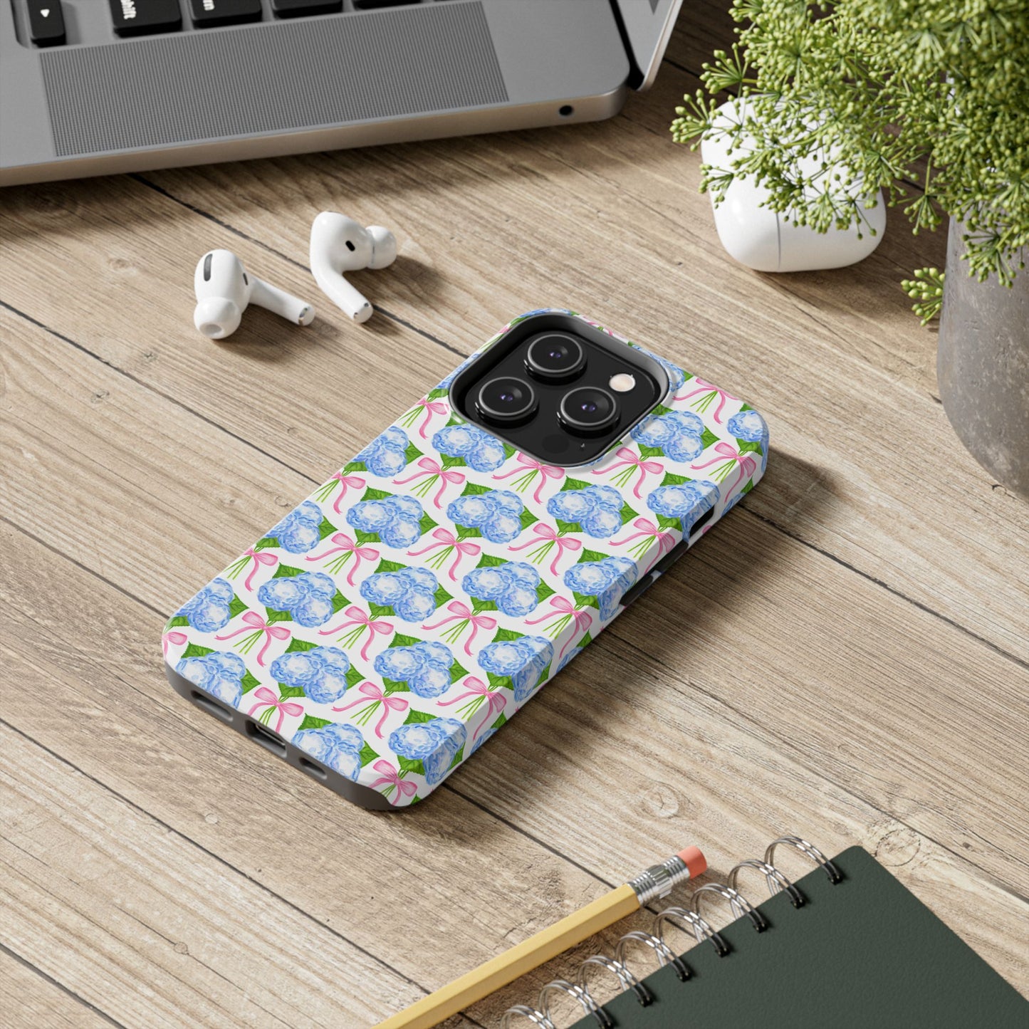 Blue Watercolor Hydrangea Bouqets with Light Pink Bows Watercolor Illustrated Patterned Tough Phone Case | Various Models