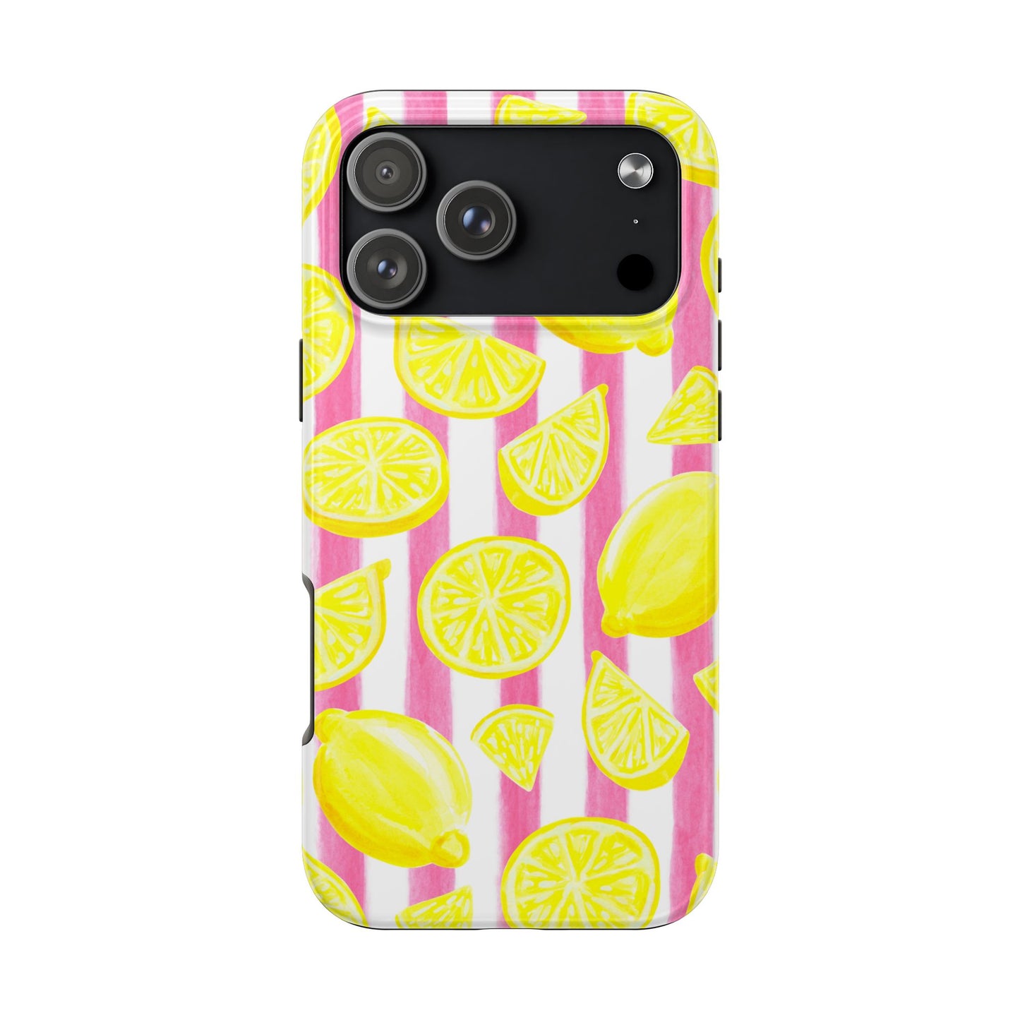 Pink Lemonade Yellow Lemons with Pink & White Watercolor Stripes Tough Phone Case