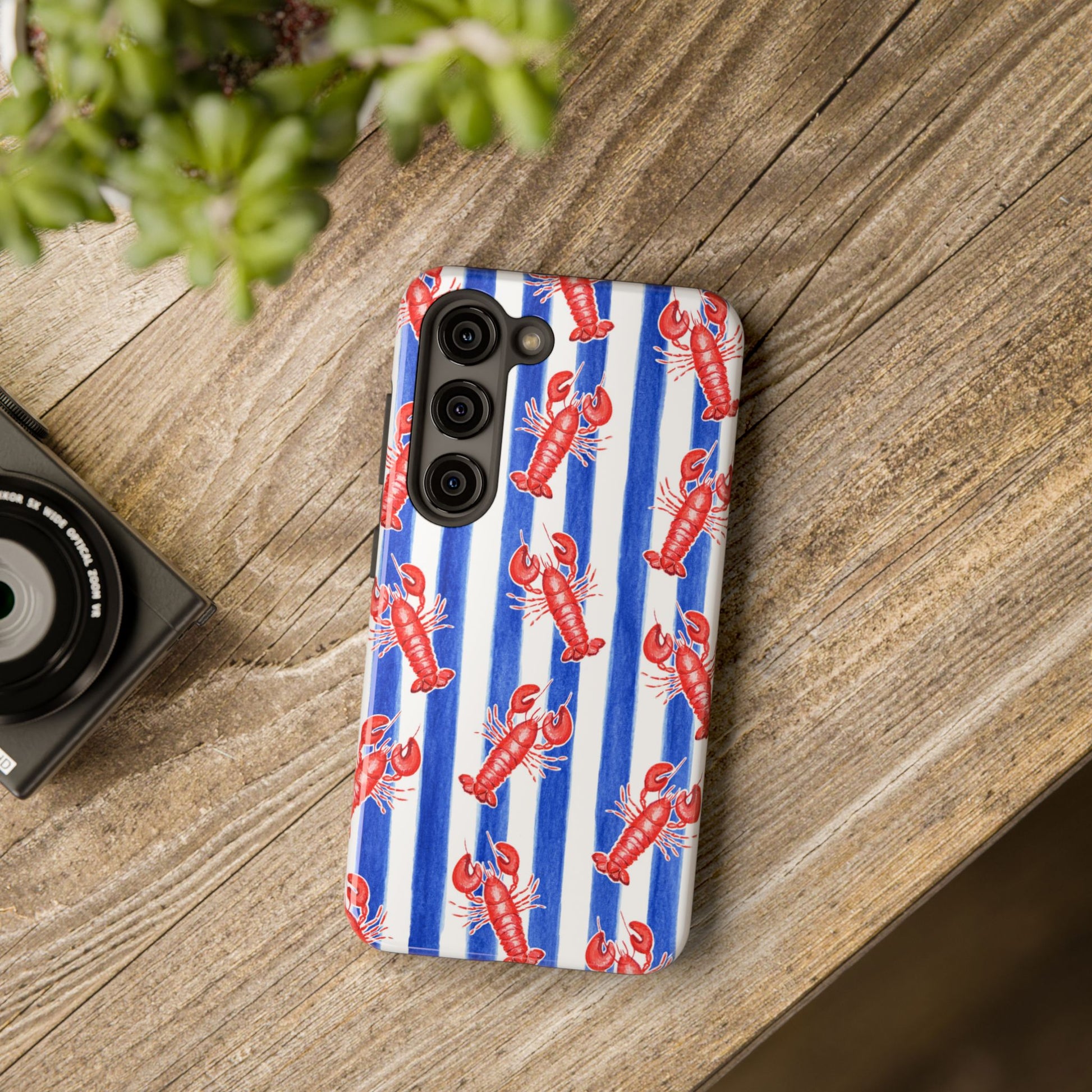 Blue & White Strip Red Lobster Watercolor Patterned Phone Case | Various Models