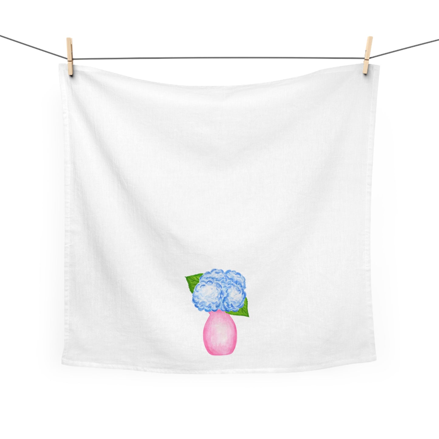 Tea Towel | Watercolor Blue Hydrangeas in Light Pink Vase Illustration | Preppy Coastal Kitchen Decor Gifts