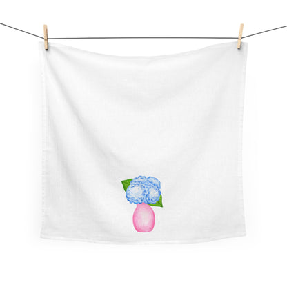 Tea Towel | Watercolor Blue Hydrangeas in Light Pink Vase Illustration | Preppy Coastal Kitchen Decor Gifts