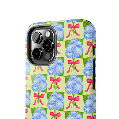 Blue Watercolor Hydrangea Bouquets with Hot Pink Bows Illustrated Patterned Yellow Preppy Grand Millenial Tough Phone Case | Various Models