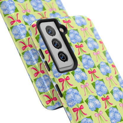 Watercolor Blue Hydrangea Bouquets with Hot Pink and Light Pink Bow Ribbons Illustrated Pattern Yellow Tough Phone Case | Various Models