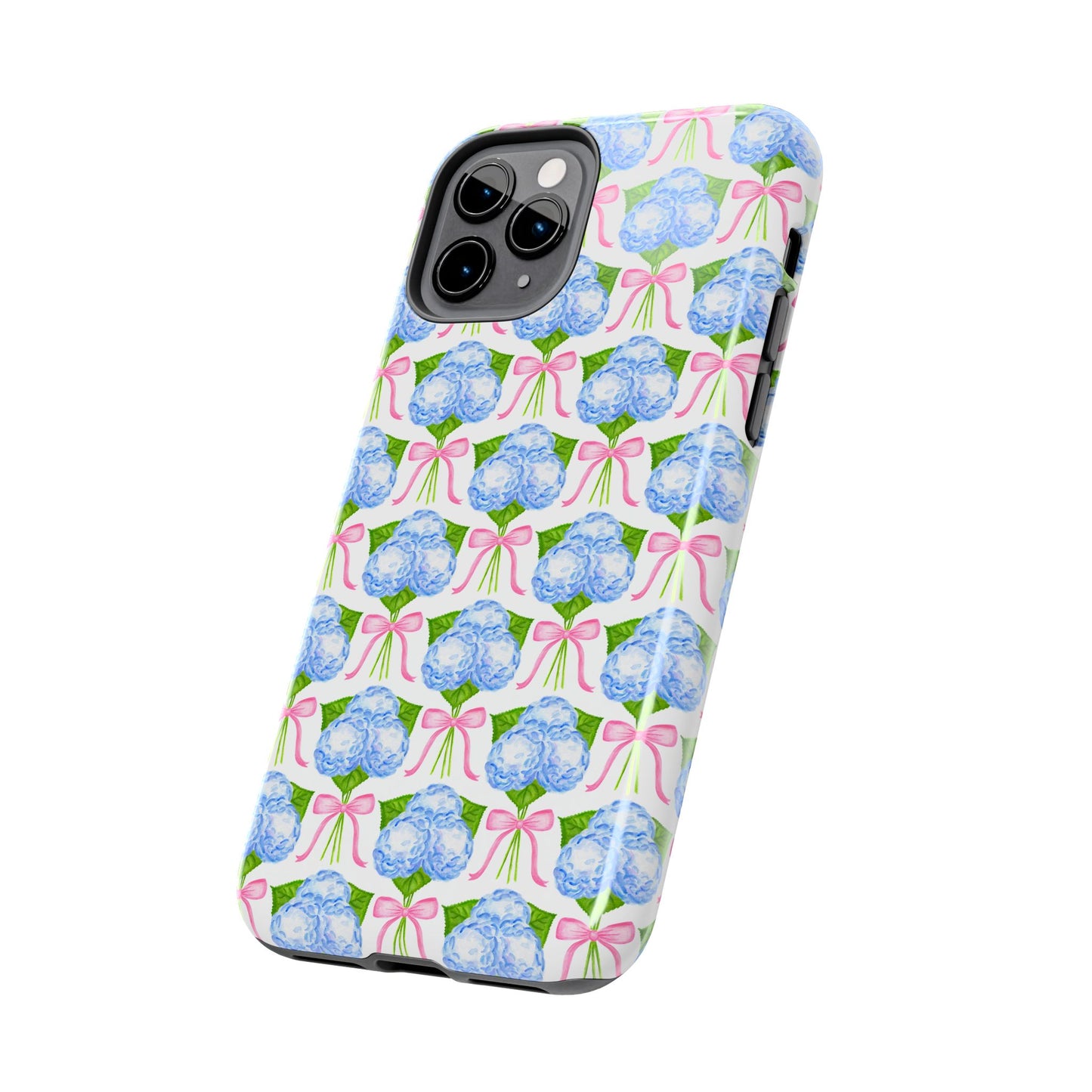 Blue Watercolor Hydrangea Bouqets with Light Pink Bows Watercolor Illustrated Patterned Tough Phone Case | Various Models