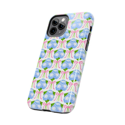 Blue Watercolor Hydrangea Bouqets with Light Pink Bows Watercolor Illustrated Patterned Tough Phone Case | Various Models