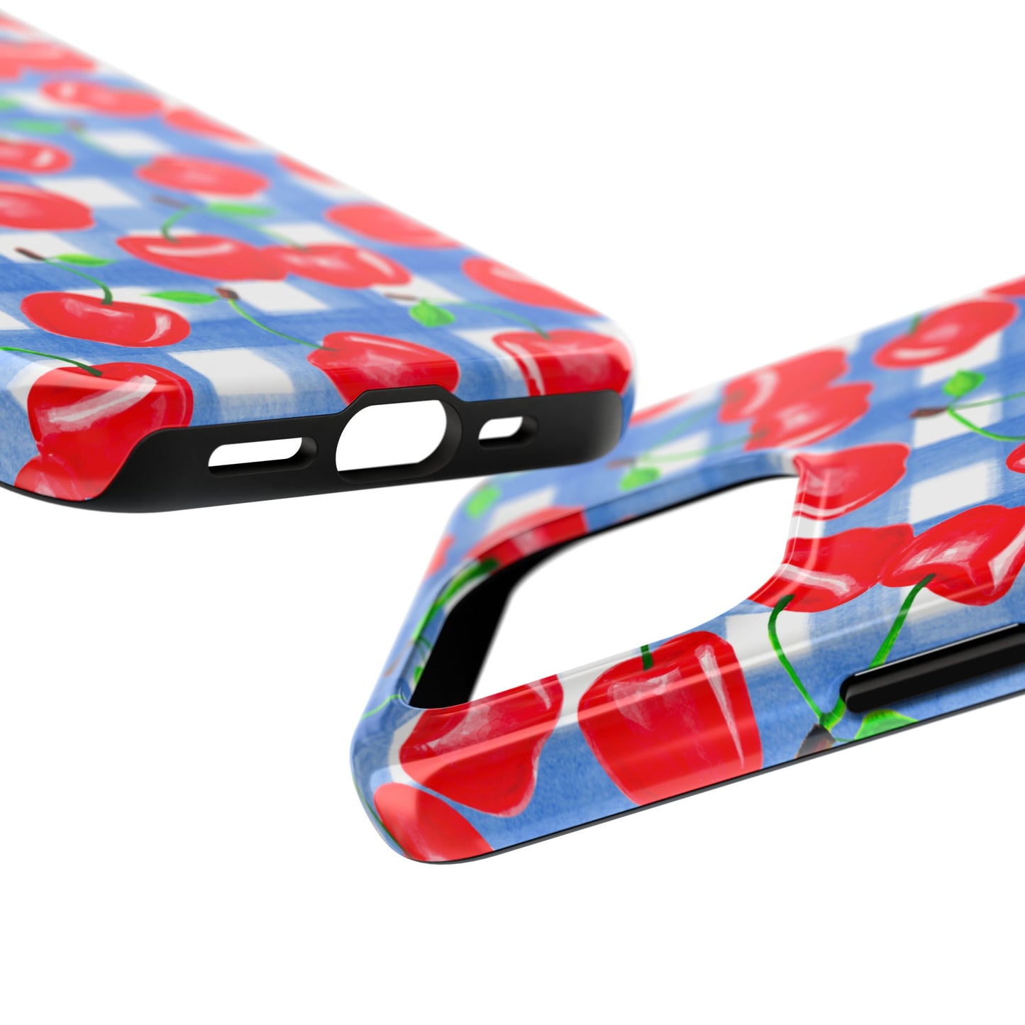 Tossed Red Cherries Blue Gingham Checkered Watercolor Illustrated Tough Phone Case | Various Models