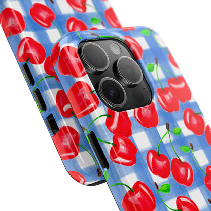 Tossed Red Cherries Blue Gingham Checkered Watercolor Illustrated Tough Phone Case | Various Models