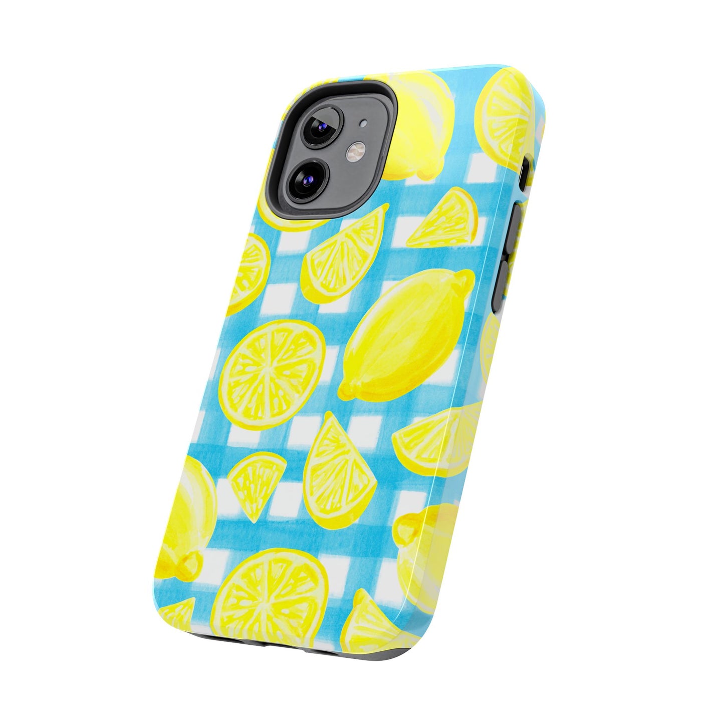 Yellow Lemons & Turquoise Gingham Watercolor Illustrated Tough Phone Case | Various Models Available