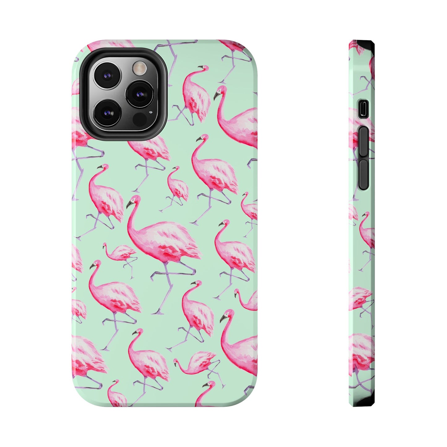 Pink Flamingos Watercolor Illustrated Tossed Pattern Green Phone Case | Various Models iPhone 12 Pro