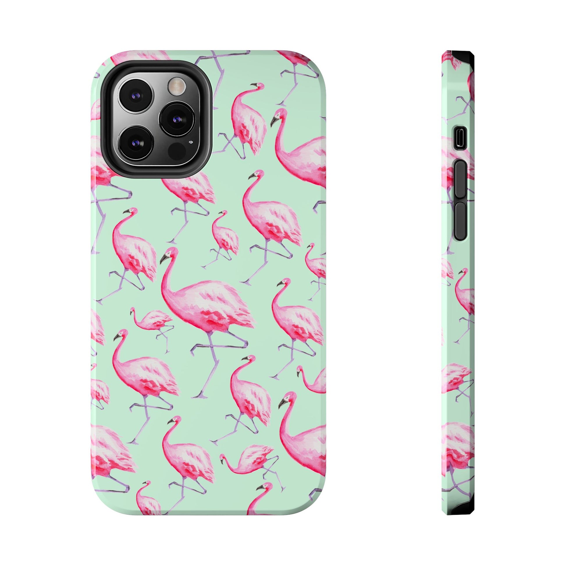 Pink Flamingos Watercolor Illustrated Tossed Pattern Green Phone Case | Various Models iPhone 12 Pro