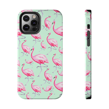 Pink Flamingos Watercolor Illustrated Tossed Pattern Green Phone Case | Various Models iPhone 12 Pro