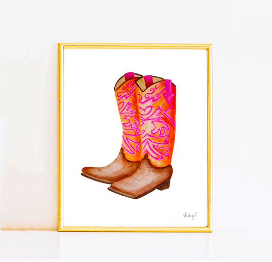 Print | Hot Pink and Orange Cowboy Boots | Watercolor Painting | Western Decor | Southern | Dorm Decor | Preppy Coastal Cowgirl