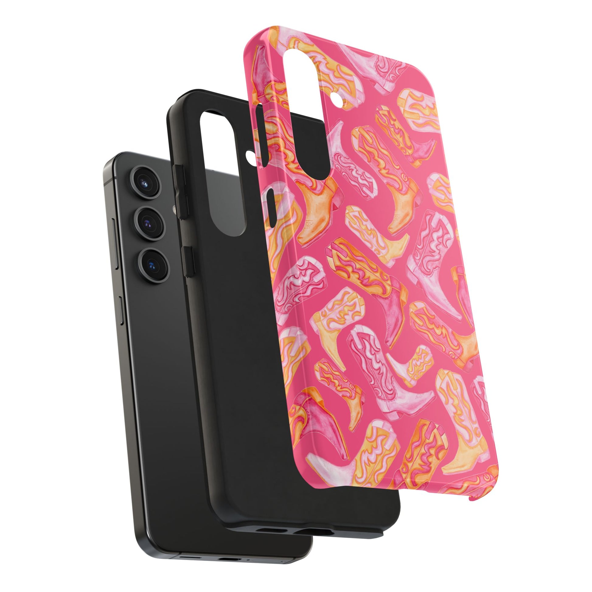 Tossed Hot Pink & Orange Watercolor Cowboy Boots Hot Pink Tough Phone Cases | Various Models