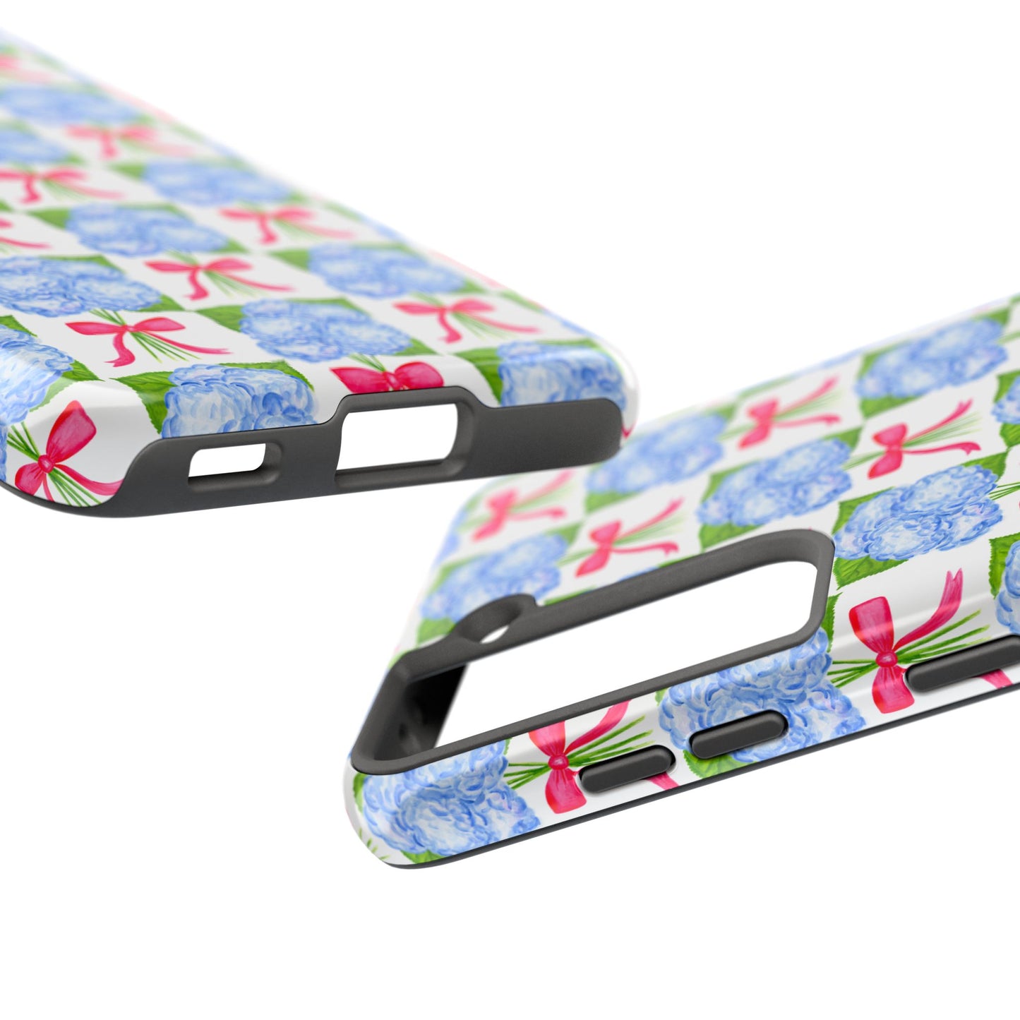 Blue Watercolor Hydrangea Bouquets with Hot Pink Bows Illustrated Patterned Tough Phone Case | Various Models
