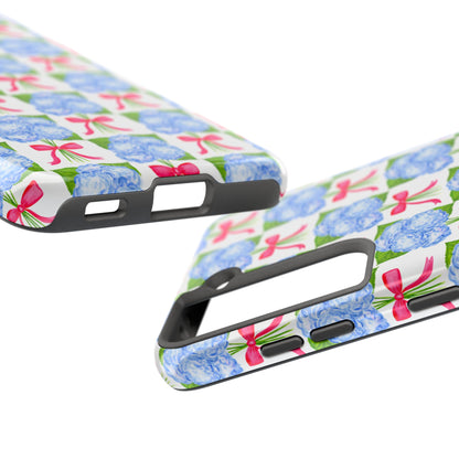 Blue Watercolor Hydrangea Bouquets with Hot Pink Bows Illustrated Patterned Tough Phone Case | Various Models
