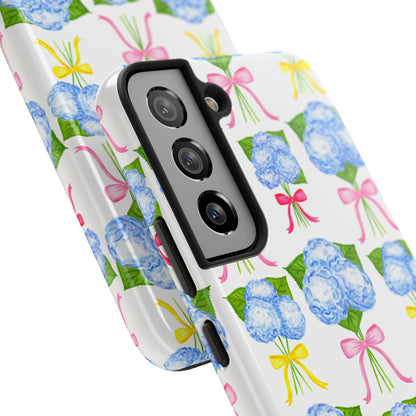 Blue Hydrangeas with Hot Pink, Yellow, Light Pink Bows Watercolor Illustrated Patterned Tough Phone Case | Various Models