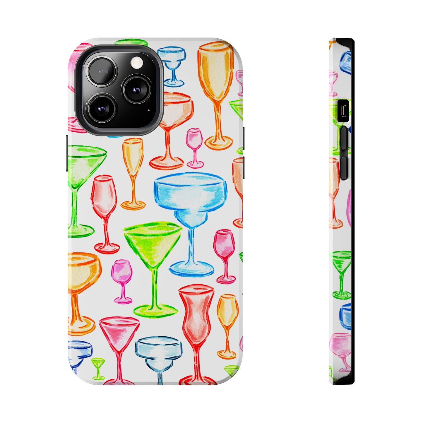 Monochromatic Margarita, Wine, Martini, and Champagne Flute Cocktail Glasses Watercolor Illustrated Tough Phone Case | Various Models Available