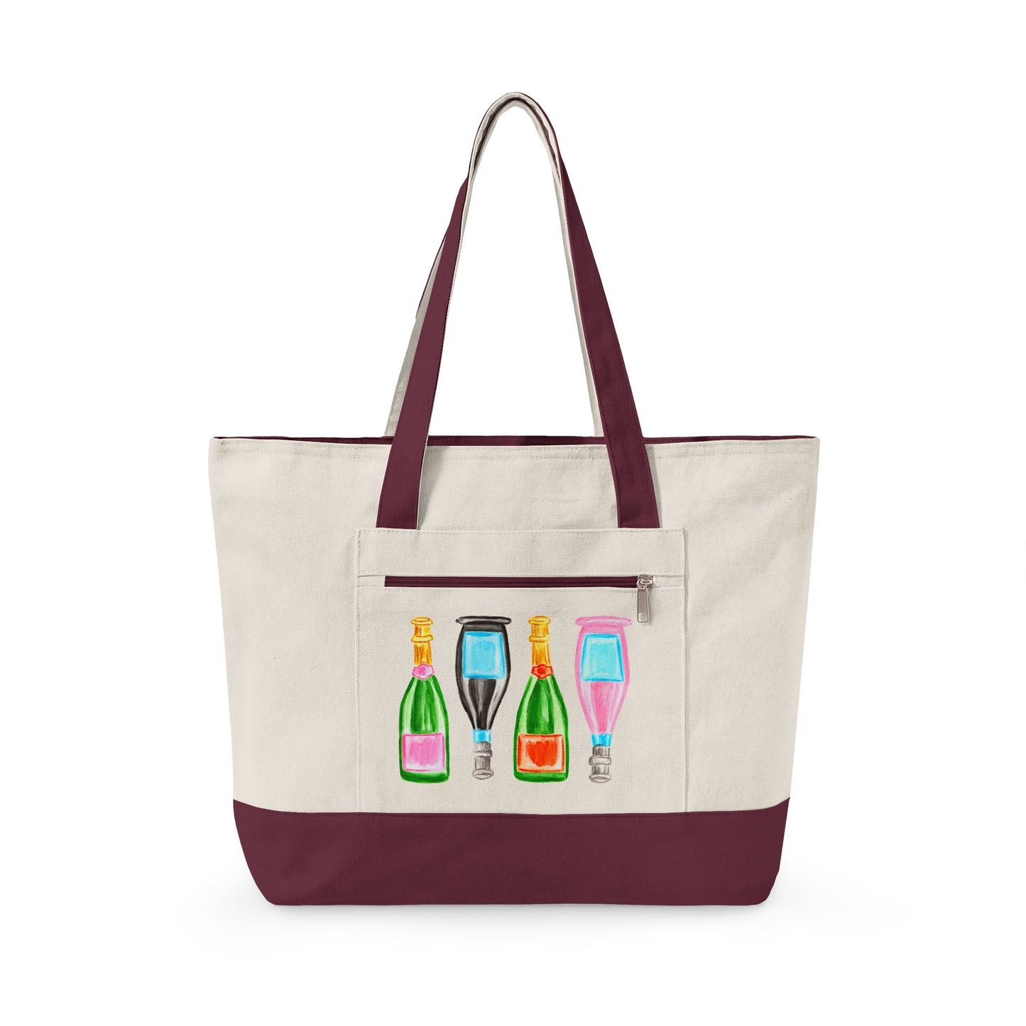 Canvas Book Tote | Pink & Green, Pink & Blue, Orange & Green Champagne Bottles Watercolor Printed Zippered Canvas Tote 18" x 14" | Various Colors